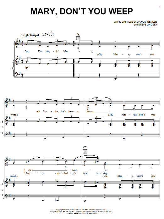 Learn to play Aaron Neville Mary Don't You Weep sheet music for Piano, Vocal & Guitar (Right-Hand Melody) in minutes. Aaron Neville Mary Don't You Weep sheet music notes and chords. Download Printable PDF.
