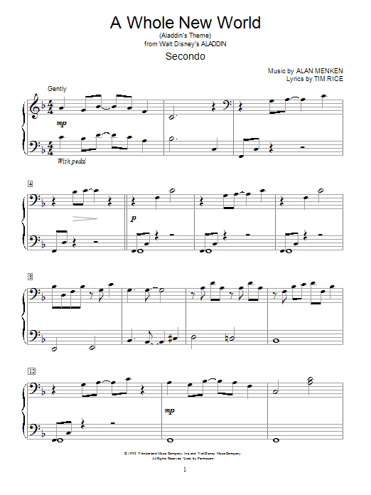 Learn to play Alan Menken A Whole New World (from Aladdin) sheet music for Piano Duet in minutes. Alan Menken A Whole New World (from Aladdin) sheet music notes and chords. Download Printable PDF.