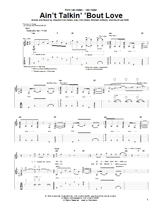 Learn to play Van Halen Ain't Talkin' 'Bout Love sheet music for Guitar Tab in minutes. Van Halen Ain't Talkin' 'Bout Love sheet music notes and chords. Download Printable PDF.