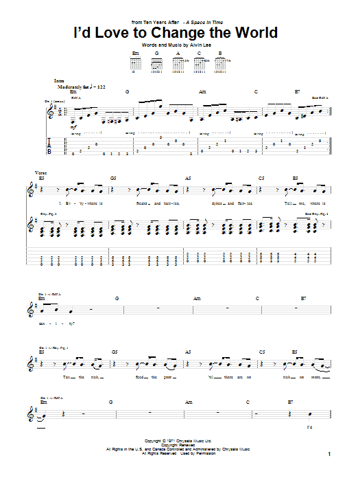 Learn to play Ten Years After I'd Love To Change The World sheet music for Guitar Tab in minutes. Ten Years After I'd Love To Change The World sheet music notes and chords. Download Printable PDF.