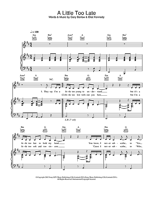 Learn to play Delta Goodrem A Little Too Late sheet music for Piano, Vocal & Guitar (Right-Hand Melody) in minutes. Delta Goodrem A Little Too Late sheet music notes and chords. Download Printable PDF.