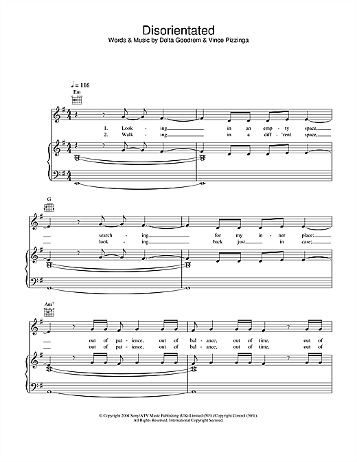 Learn to play Delta Goodrem Disorientated sheet music for Piano, Vocal & Guitar (Right-Hand Melody) in minutes. Delta Goodrem Disorientated sheet music notes and chords. Download Printable PDF.