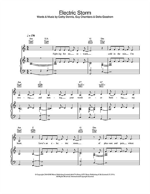 Learn to play Delta Goodrem Electric Storm sheet music for Piano, Vocal & Guitar (Right-Hand Melody) in minutes. Delta Goodrem Electric Storm sheet music notes and chords. Download Printable PDF.