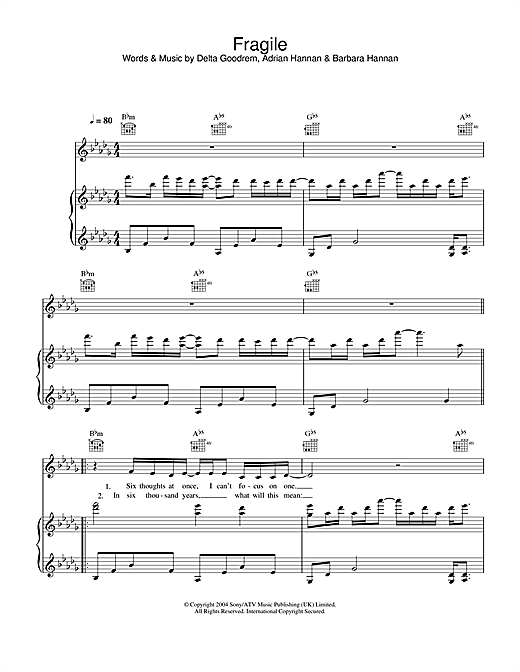 Learn to play Delta Goodrem Fragile sheet music for Piano, Vocal & Guitar in minutes. Delta Goodrem Fragile sheet music notes and chords. Download Printable PDF.