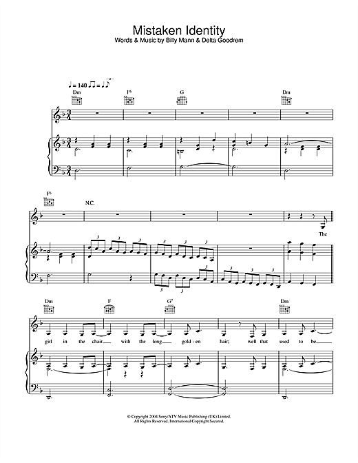 Learn to play Delta Goodrem Mistaken Identity sheet music for Piano, Vocal & Guitar (Right-Hand Melody) in minutes. Delta Goodrem Mistaken Identity sheet music notes and chords. Download Printable PDF.
