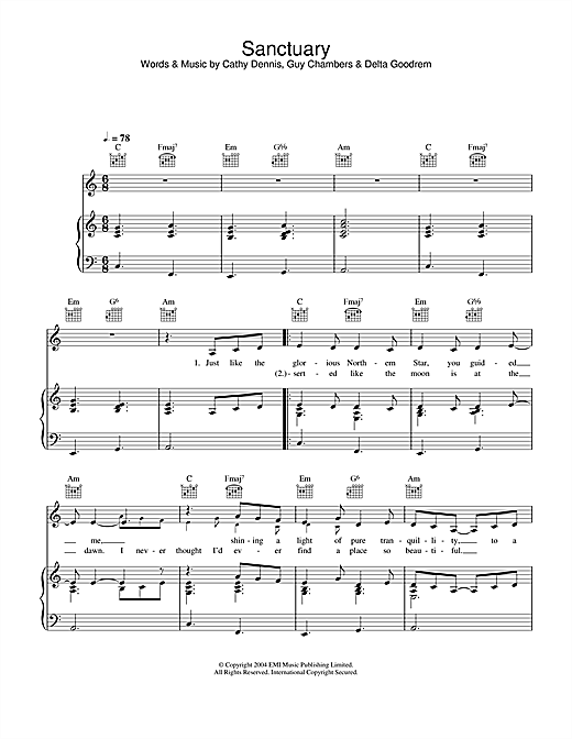 Learn to play Delta Goodrem Sanctuary sheet music for Piano, Vocal & Guitar (Right-Hand Melody) in minutes. Delta Goodrem Sanctuary sheet music notes and chords. Download Printable PDF.