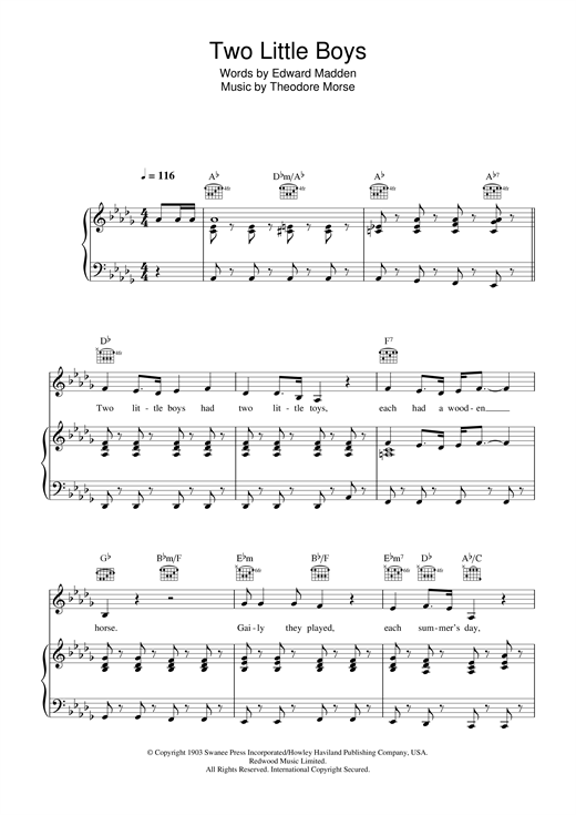 Learn to play Rolf Harris Two Little Boys sheet music for Piano, Vocal & Guitar in minutes. Rolf Harris Two Little Boys sheet music notes and chords. Download Printable PDF.