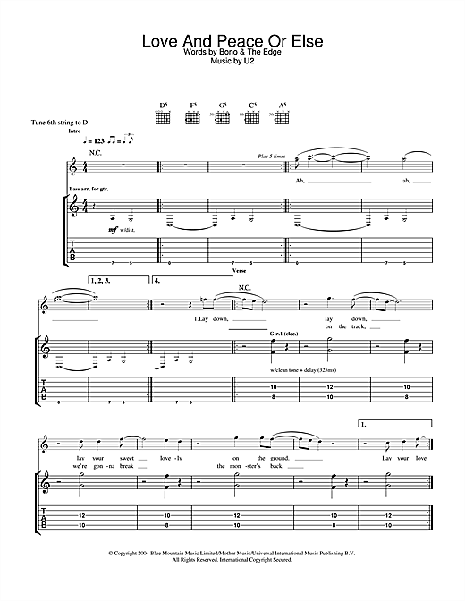 Learn to play U2 Love And Peace Or Else sheet music for Guitar Tab in minutes. U2 Love And Peace Or Else sheet music notes and chords. Download Printable PDF.