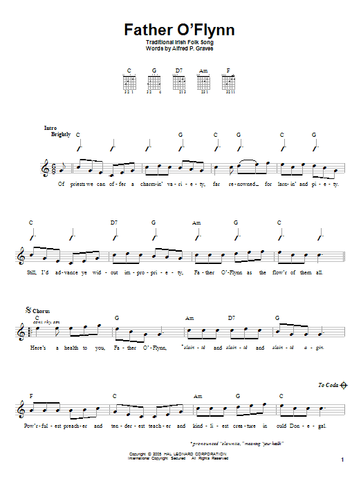 Learn to play Alfred P. Graves Father O'Flynn sheet music for Guitar with strumming patterns in minutes. Alfred P. Graves Father O'Flynn sheet music notes and chords. Download Printable PDF.