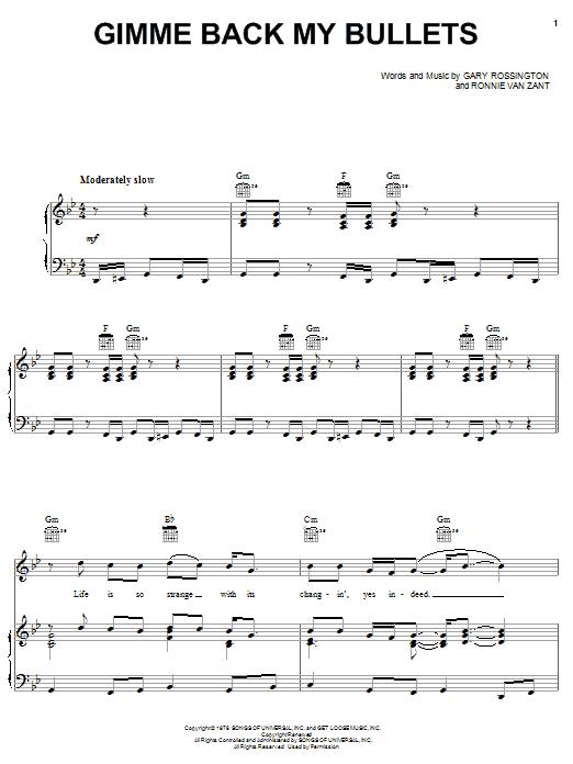 Learn to play Lynyrd Skynyrd Gimme Back My Bullets sheet music for Piano, Vocal & Guitar (Right-Hand Melody) in minutes. Lynyrd Skynyrd Gimme Back My Bullets sheet music notes and chords. Download Printable PDF.