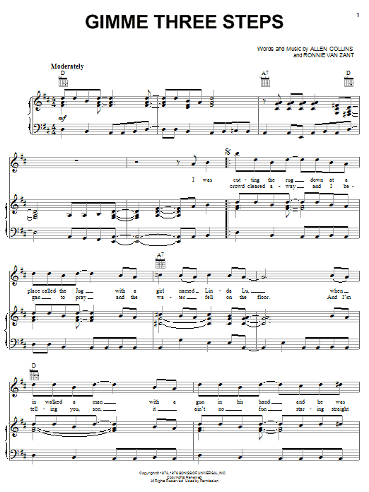Learn to play Lynyrd Skynyrd Gimme Three Steps sheet music for Piano, Vocal & Guitar (Right-Hand Melody) in minutes. Lynyrd Skynyrd Gimme Three Steps sheet music notes and chords. Download Printable PDF.