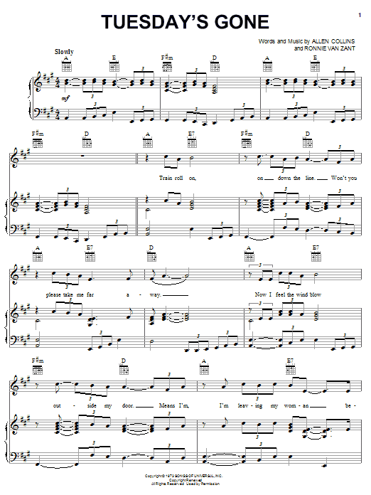 Learn to play Lynyrd Skynyrd Tuesday's Gone sheet music for Piano, Vocal & Guitar (Right-Hand Melody) in minutes. Lynyrd Skynyrd Tuesday's Gone sheet music notes and chords. Download Printable PDF.