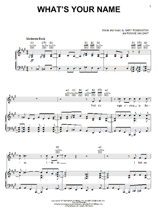 Learn to play Lynyrd Skynyrd What's Your Name sheet music for Piano, Vocal & Guitar (Right-Hand Melody) in minutes. Lynyrd Skynyrd What's Your Name sheet music notes and chords. Download Printable PDF.