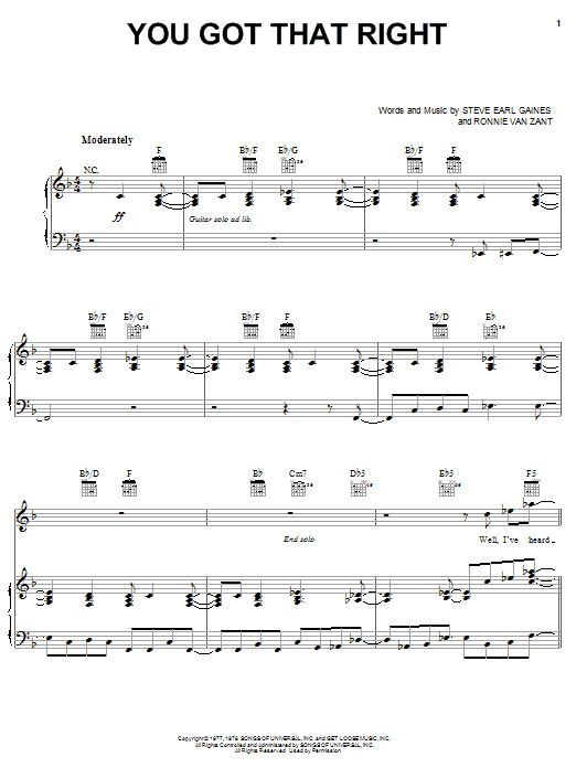Learn to play Lynyrd Skynyrd You Got That Right sheet music for Piano, Vocal & Guitar (Right-Hand Melody) in minutes. Lynyrd Skynyrd You Got That Right sheet music notes and chords. Download Printable PDF.
