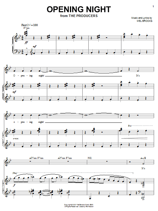 Learn to play Mel Brooks Opening Night sheet music for Piano, Vocal & Guitar (Right-Hand Melody) in minutes. Mel Brooks Opening Night sheet music notes and chords. Download Printable PDF.