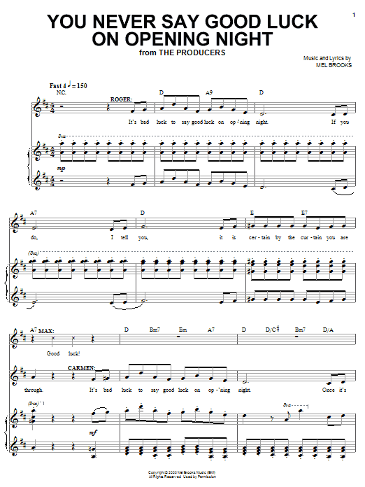 Learn to play Mel Brooks You Never Say Good Luck On Opening Night sheet music for Piano, Vocal & Guitar (Right-Hand Melody) in minutes. Mel Brooks You Never Say Good Luck On Opening Night sheet music notes and chords. Download Printable PDF.