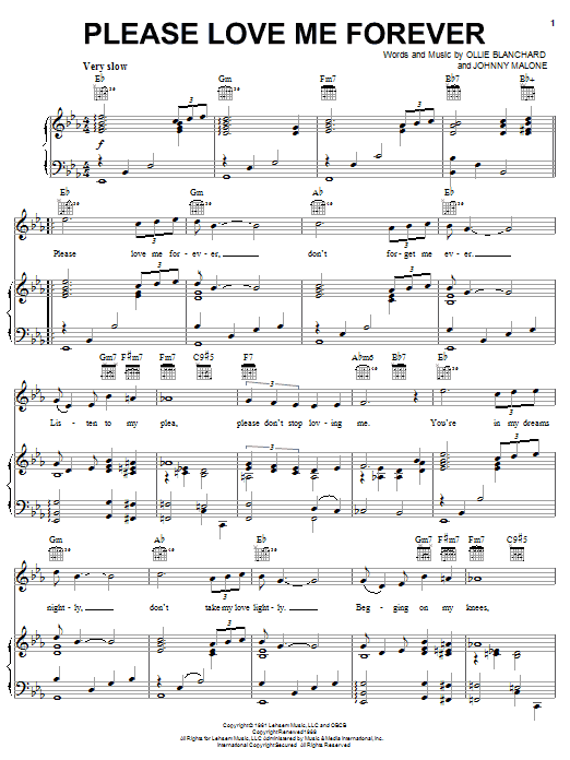 Learn to play Cathy Jean & The Roommates Please Love Me Forever sheet music for Piano, Vocal & Guitar (Right-Hand Melody) in minutes. Cathy Jean & The Roommates Please Love Me Forever sheet music notes and chords. Download Printable PDF.