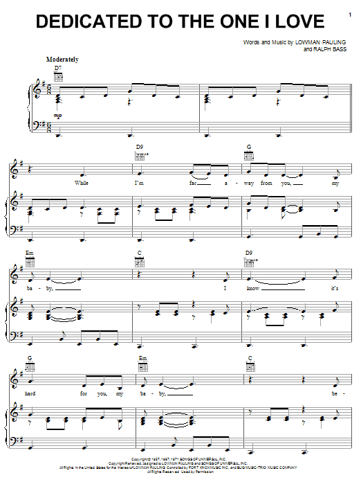 Learn to play The Shirelles Dedicated To The One I Love sheet music for Piano, Vocal & Guitar (Right-Hand Melody) in minutes. The Shirelles Dedicated To The One I Love sheet music notes and chords. Download Printable PDF.