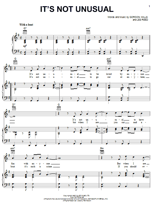Learn to play Tom Jones It's Not Unusual sheet music for Piano, Vocal & Guitar (Right-Hand Melody) in minutes. Tom Jones It's Not Unusual sheet music notes and chords. Download Printable PDF.