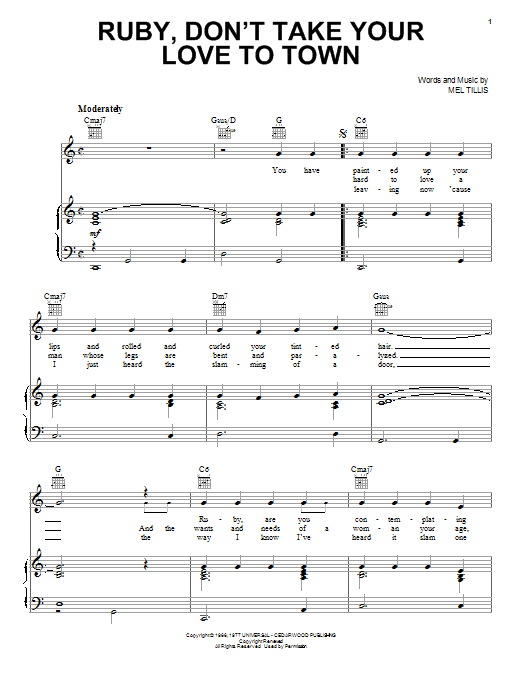 Learn to play Kenny Rogers Ruby, Don't Take Your Love To Town sheet music for Piano, Vocal & Guitar (Right-Hand Melody) in minutes. Kenny Rogers Ruby, Don't Take Your Love To Town sheet music notes and chords. Download Printable PDF.