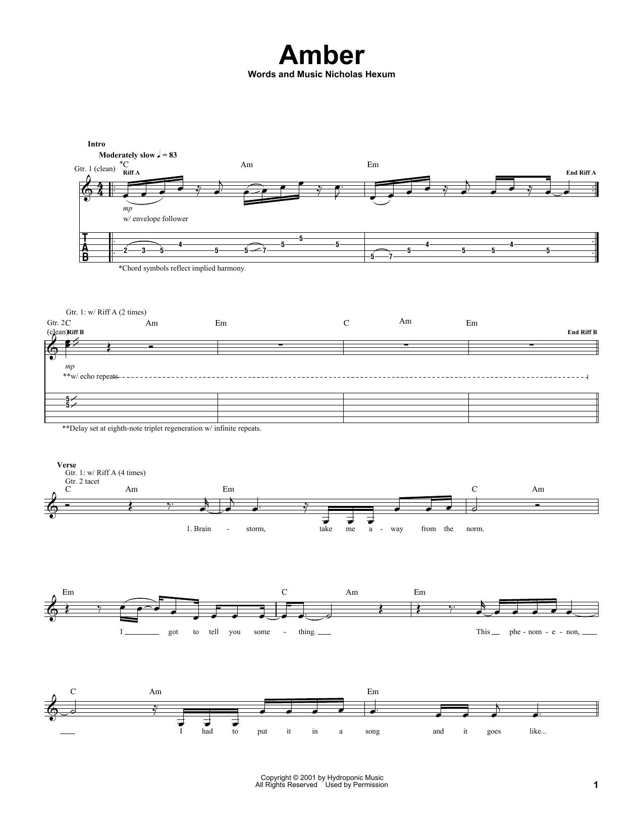 Download 311 Amber Sheet Music and learn how to play Guitar Tab PDF digital score in minutes