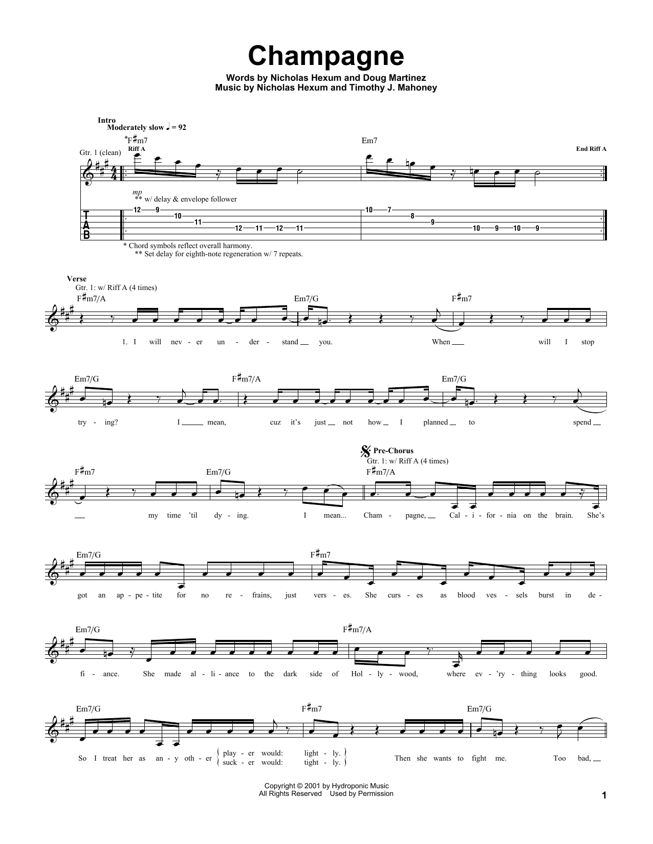 Download 311 Champagne Sheet Music and learn how to play Guitar Tab PDF digital score in minutes