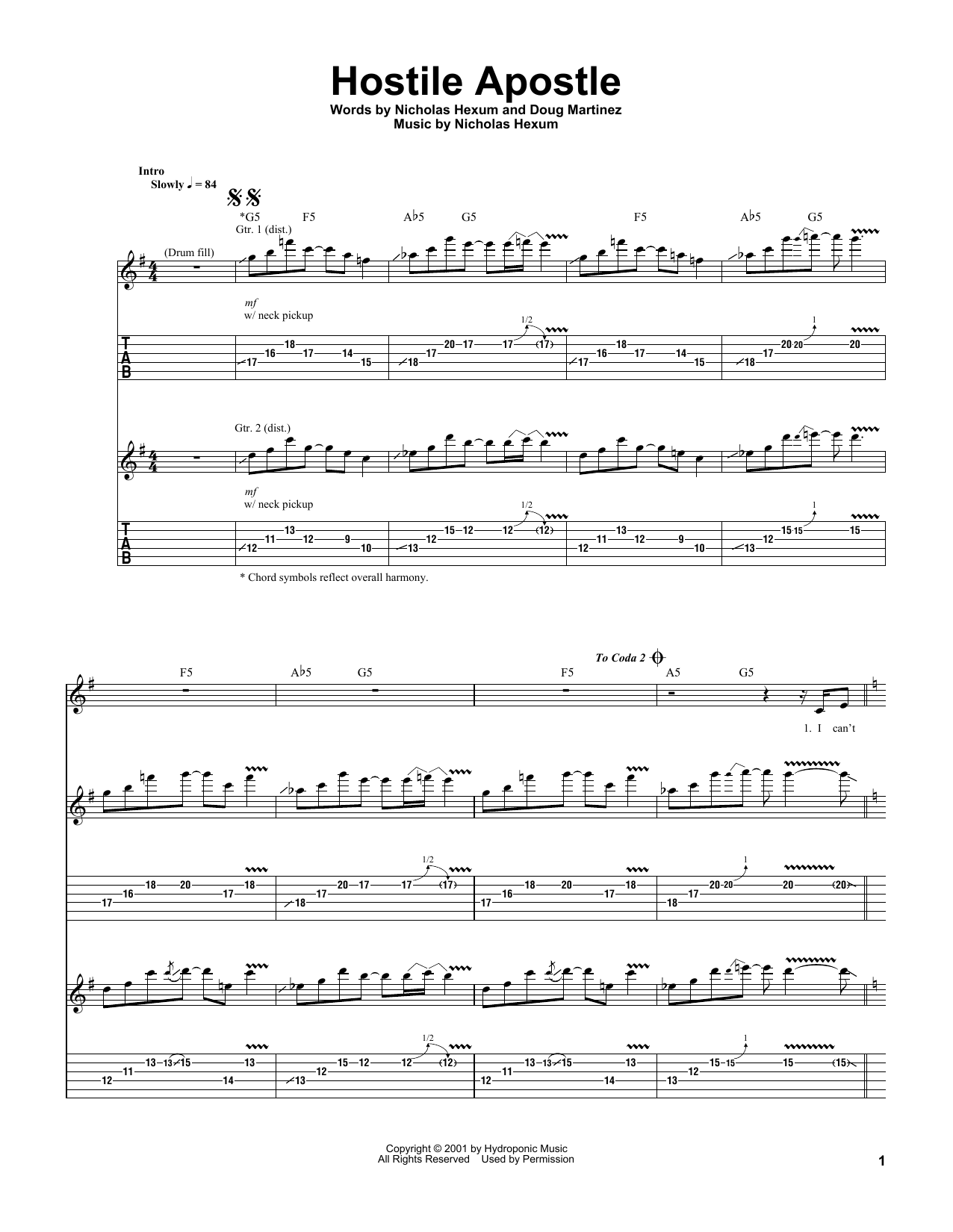 Download 311 Hostile Apostle Sheet Music and learn how to play Guitar Tab PDF digital score in minutes