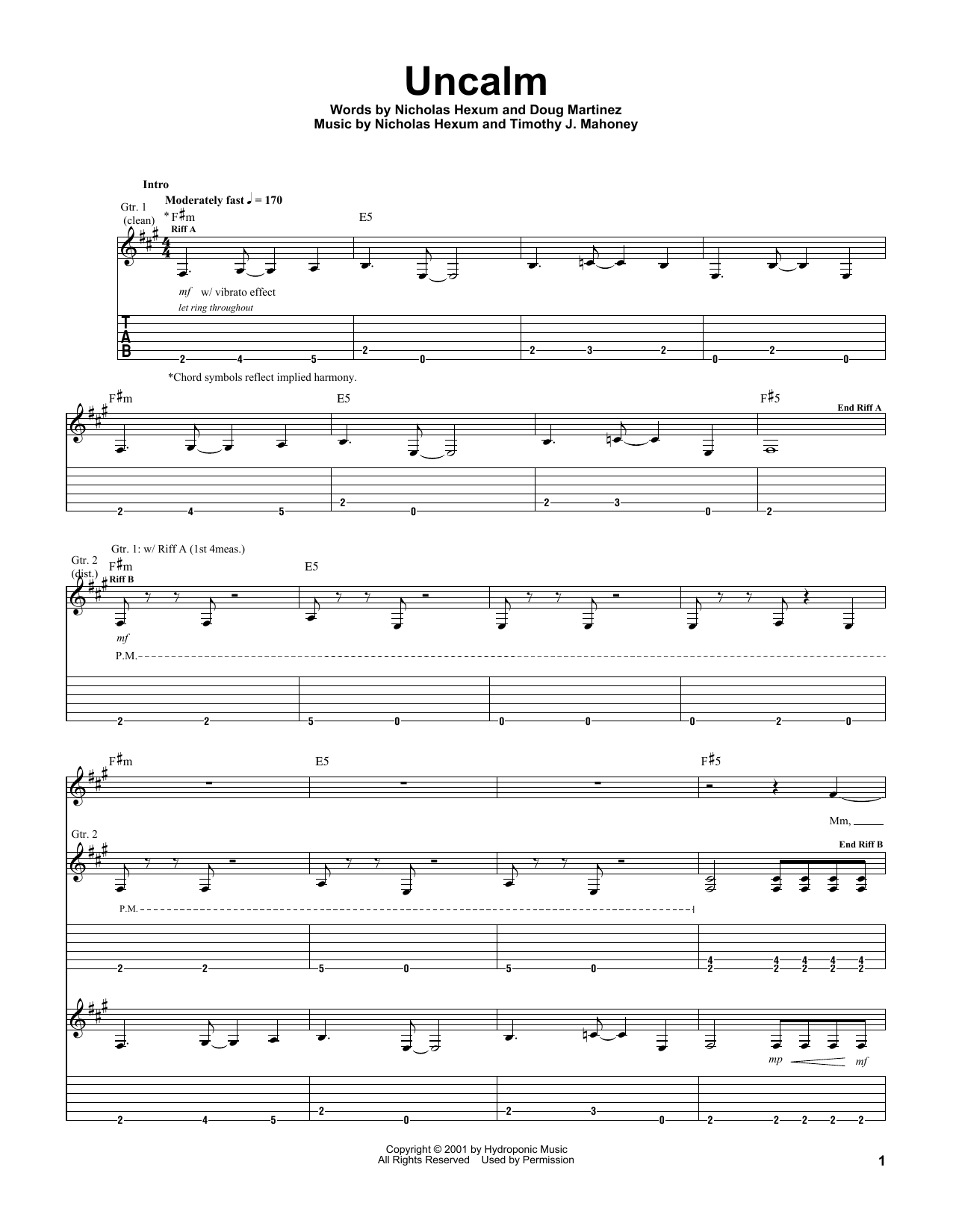 Download 311 Uncalm Sheet Music and learn how to play Guitar Tab PDF digital score in minutes