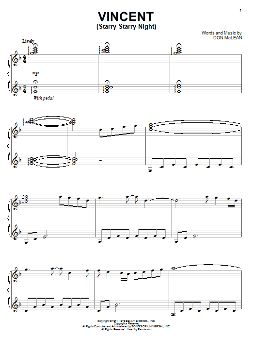Learn to play Lorie Line Vincent (Starry Starry Night) sheet music for Piano in minutes. Lorie Line Vincent (Starry Starry Night) sheet music notes and chords. Download Printable PDF.