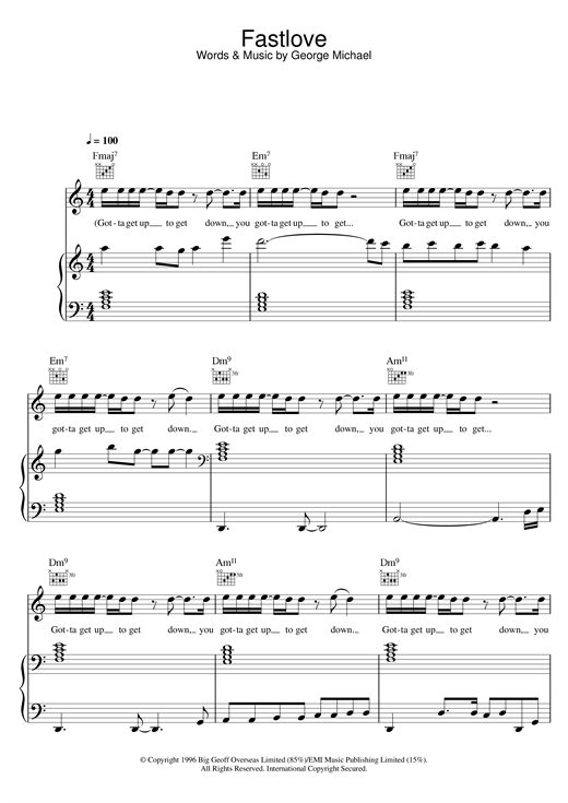 Learn to play George Michael Fastlove sheet music for Piano, Vocal & Guitar (Right-Hand Melody) in minutes. George Michael Fastlove sheet music notes and chords. Download Printable PDF.