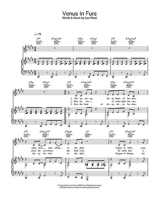 Learn to play The Velvet Underground Venus In Furs sheet music for Piano, Vocal & Guitar (Right-Hand Melody) in minutes. The Velvet Underground Venus In Furs sheet music notes and chords. Download Printable PDF.