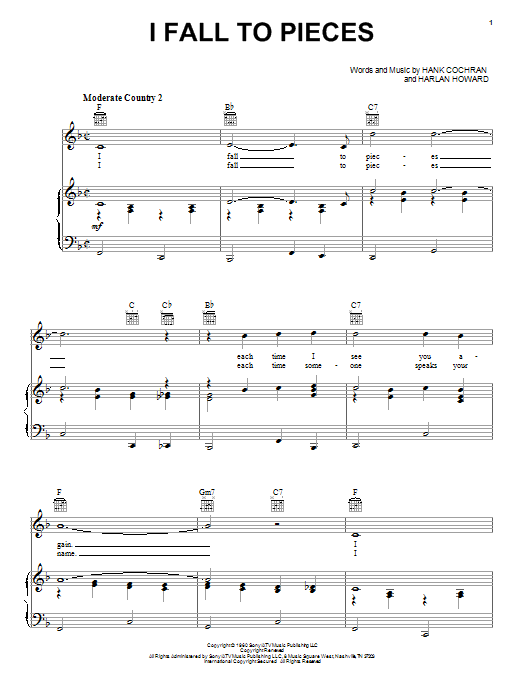 Learn to play Patsy Cline I Fall To Pieces sheet music for Piano, Vocal & Guitar (Right-Hand Melody) in minutes. Patsy Cline I Fall To Pieces sheet music notes and chords. Download Printable PDF.