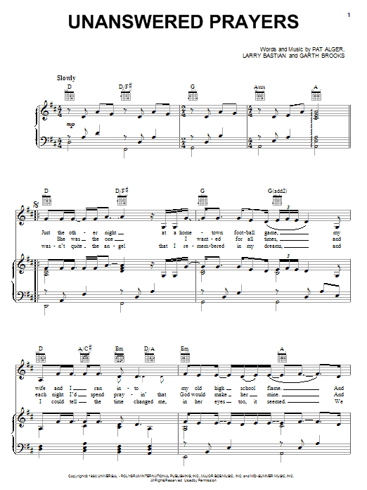 Learn to play Garth Brooks Unanswered Prayers sheet music for Piano, Vocal & Guitar (Right-Hand Melody) in minutes. Garth Brooks Unanswered Prayers sheet music notes and chords. Download Printable PDF.