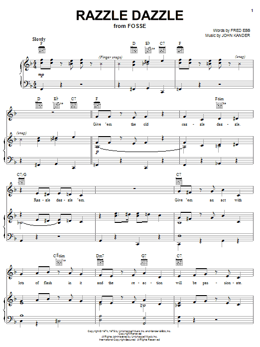 Learn to play Kander & Ebb Razzle Dazzle sheet music for Piano, Vocal & Guitar (Right-Hand Melody) in minutes. Kander & Ebb Razzle Dazzle sheet music notes and chords. Download Printable PDF.