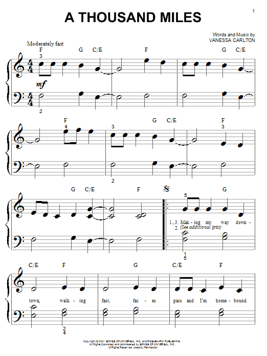Learn to play Vanessa Carlton A Thousand Miles sheet music for Piano (Big Notes) in minutes. Vanessa Carlton A Thousand Miles sheet music notes and chords. Download Printable PDF.