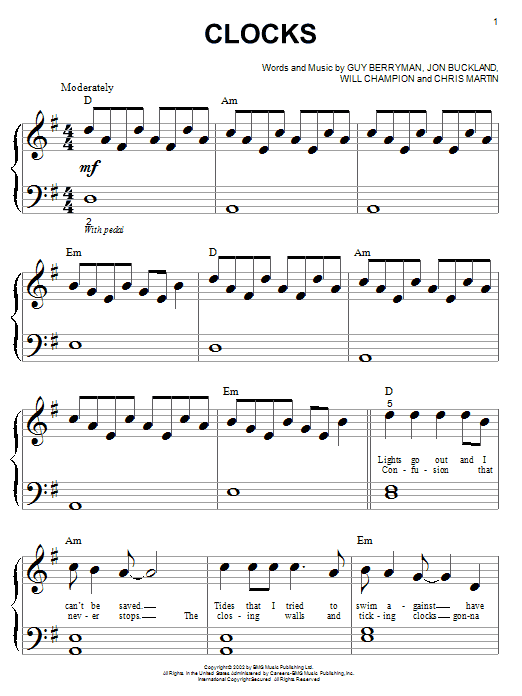 Learn to play Coldplay Clocks sheet music for Piano (Big Notes) in minutes. Coldplay Clocks sheet music notes and chords. Download Printable PDF.