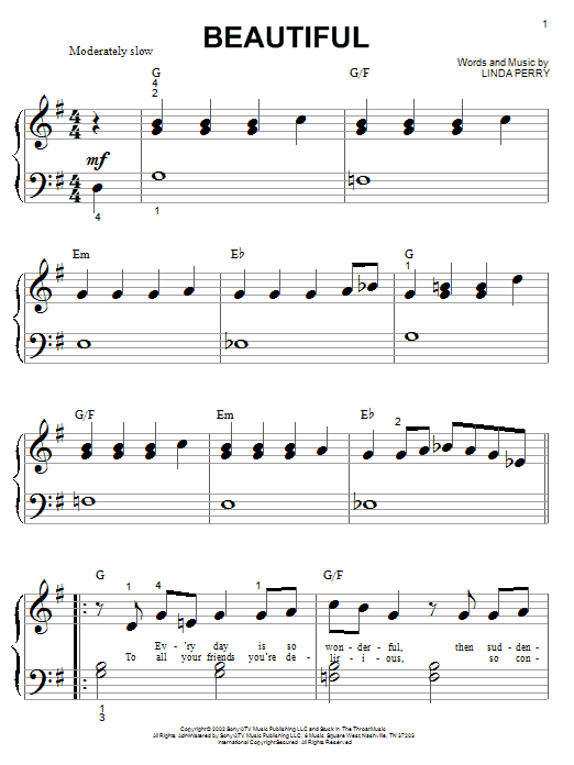 Learn to play Christina Aguilera Beautiful sheet music for Piano (Big Notes) in minutes. Christina Aguilera Beautiful sheet music notes and chords. Download Printable PDF.