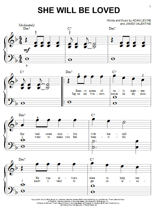 Learn to play Maroon 5 She Will Be Loved sheet music for Piano (Big Notes) in minutes. Maroon 5 She Will Be Loved sheet music notes and chords. Download Printable PDF.