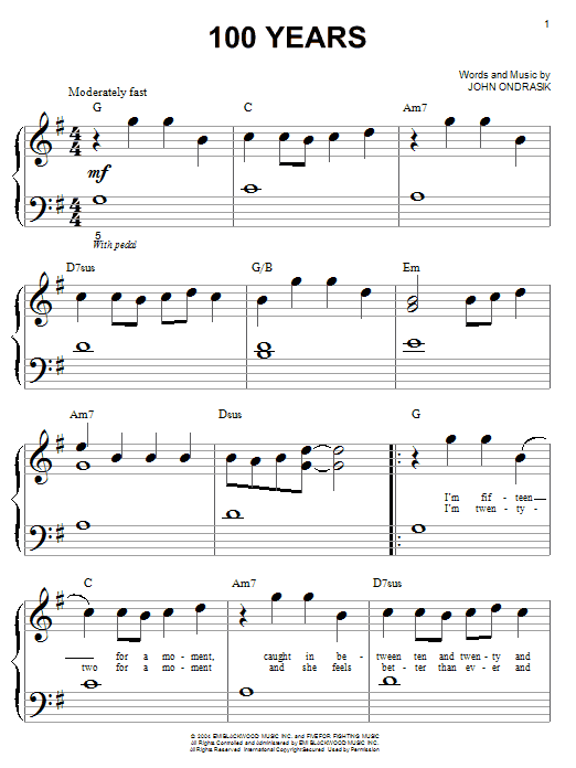 Learn to play Five For Fighting 100 Years sheet music for Piano (Big Notes) in minutes. Five For Fighting 100 Years sheet music notes and chords. Download Printable PDF.
