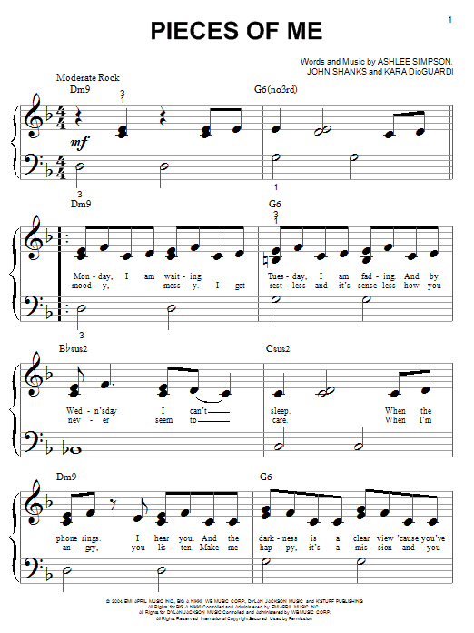 Learn to play Ashlee Simpson Pieces Of Me sheet music for Piano (Big Notes) in minutes. Ashlee Simpson Pieces Of Me sheet music notes and chords. Download Printable PDF.
