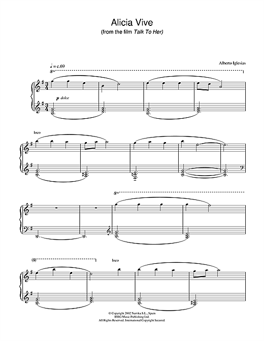 Learn to play Alberto Iglesias Alicia Vive (from Talk To Her) sheet music for Piano in minutes. Alberto Iglesias Alicia Vive (from Talk To Her) sheet music notes and chords. Download Printable PDF.