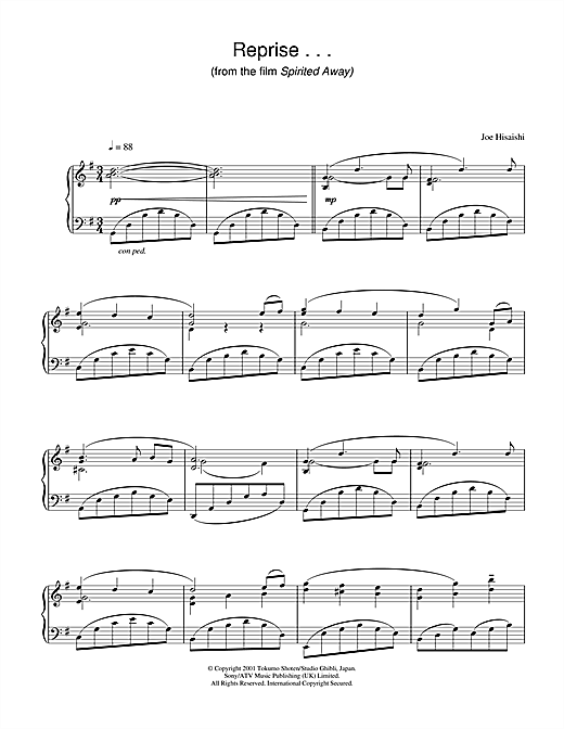 Learn to play Joe Hisaishi Reprise … (from Spirited Away) sheet music for Piano in minutes. Joe Hisaishi Reprise … (from Spirited Away) sheet music notes and chords. Download Printable PDF.