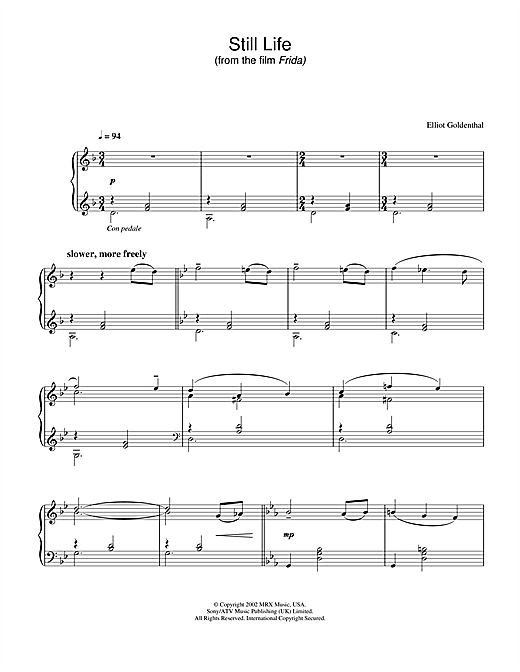 Learn to play Elliot Goldenthal Still Life (from Frida) sheet music for Piano in minutes. Elliot Goldenthal Still Life (from Frida) sheet music notes and chords. Download Printable PDF.