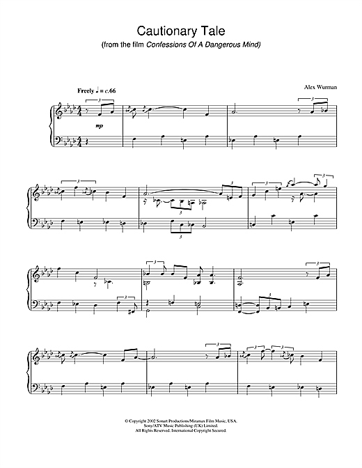 Learn to play Alex Wurman Cautionary Tale (from Confessions Of A Dangerous Mind) sheet music for Piano in minutes. Alex Wurman Cautionary Tale (from Confessions Of A Dangerous Mind) sheet music notes and chords. Download Printable PDF.