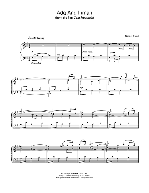 Learn to play Gabriel Yared Ada And Inman (from Cold Mountain) sheet music for Piano in minutes. Gabriel Yared Ada And Inman (from Cold Mountain) sheet music notes and chords. Download Printable PDF.