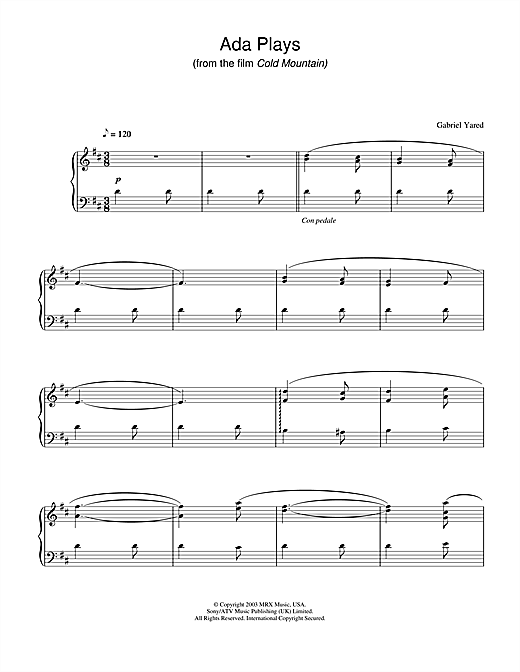 Learn to play Gabriel Yared Ada Plays (from Cold Mountain) sheet music for Piano in minutes. Gabriel Yared Ada Plays (from Cold Mountain) sheet music notes and chords. Download Printable PDF.