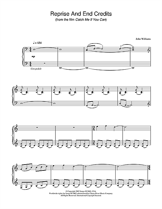 Learn to play John Williams Reprise And End Credits (from Catch Me If You Can) sheet music for Piano in minutes. John Williams Reprise And End Credits (from Catch Me If You Can) sheet music notes and chords. Download Printable PDF.