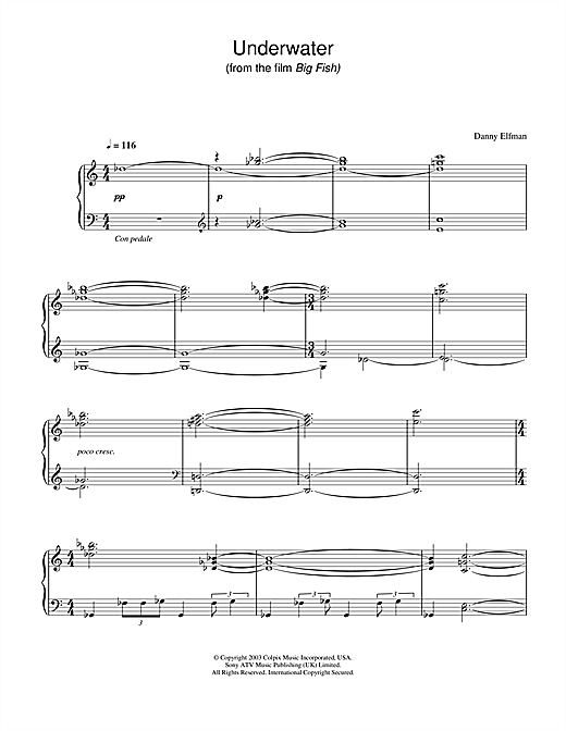 Danny Elfman Underwater From Big Fish Sheet Music Notes Chords Piano Download Film And Tv 31173 Pdf