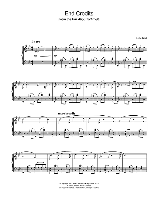 Learn to play Rolfe Kent End Credits from About Schmidt sheet music for Piano in minutes. Rolfe Kent End Credits from About Schmidt sheet music notes and chords. Download Printable PDF.