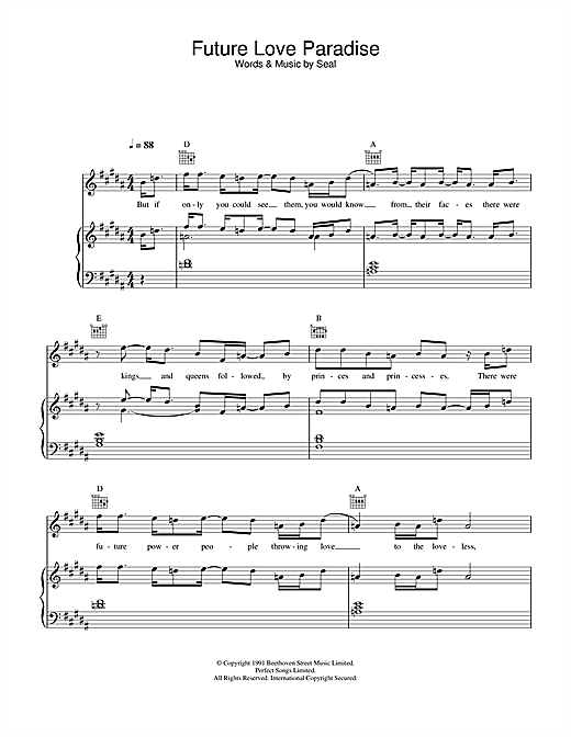 Learn to play Seal Future Love Paradise sheet music for Piano, Vocal & Guitar (Right-Hand Melody) in minutes. Seal Future Love Paradise sheet music notes and chords. Download Printable PDF.